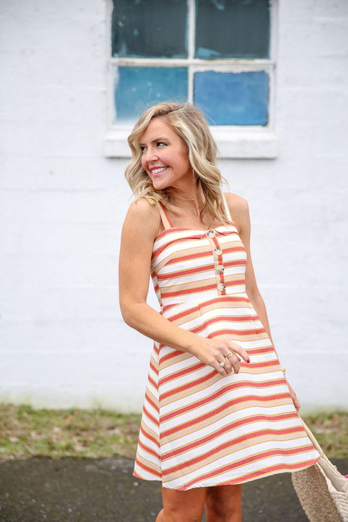 Cute Spring Dresses featured by top US fashion blog Hello! Happiness; Image of a woman wearing Francesca's Dress, Cosmo Sunglasses, Woven Circle Bag, Tassel Charm Accessory, Faitful Platform Sandal and Pepper Hoop Earrings.