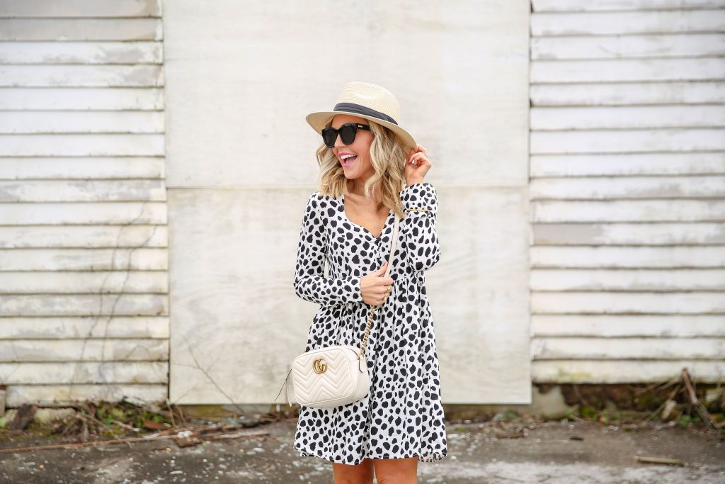 Spring Style featured by top US fashion blog Hello! Happiness; Image of a woman wearing a ASOS dress, Amazon wide brimmed hat and Gucci purse.