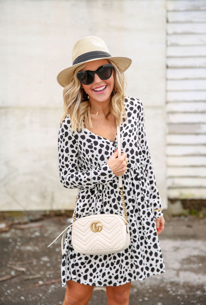 Life is Short... Buy the Bag! Designer Handbags with eBay Authenticate featured by top US fashion blog, Hello! Happiness; Image of woman wearing a white polka dot dress, Gucci Marmont purse and Chloe Eyelet wedges
