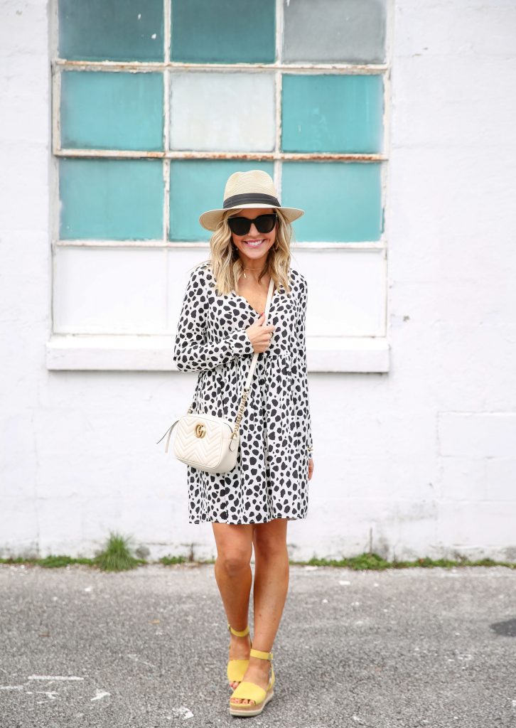 Spring Style featured by top US fashion blog Hello! Happiness; Image of a woman wearing a ASOS dress, Amazon wide brimmed hat and Gucci purse.