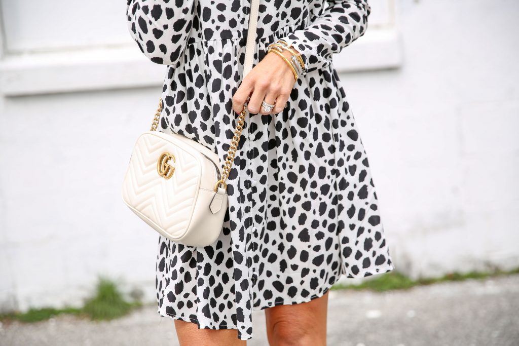 Life is Short... Buy the Bag! Designer Handbags with eBay Authenticate featured by top US fashion blog, Hello! Happiness; Image of woman wearing a white polka dot dress, Gucci Marmont purse and Chloe Eyelet wedges
