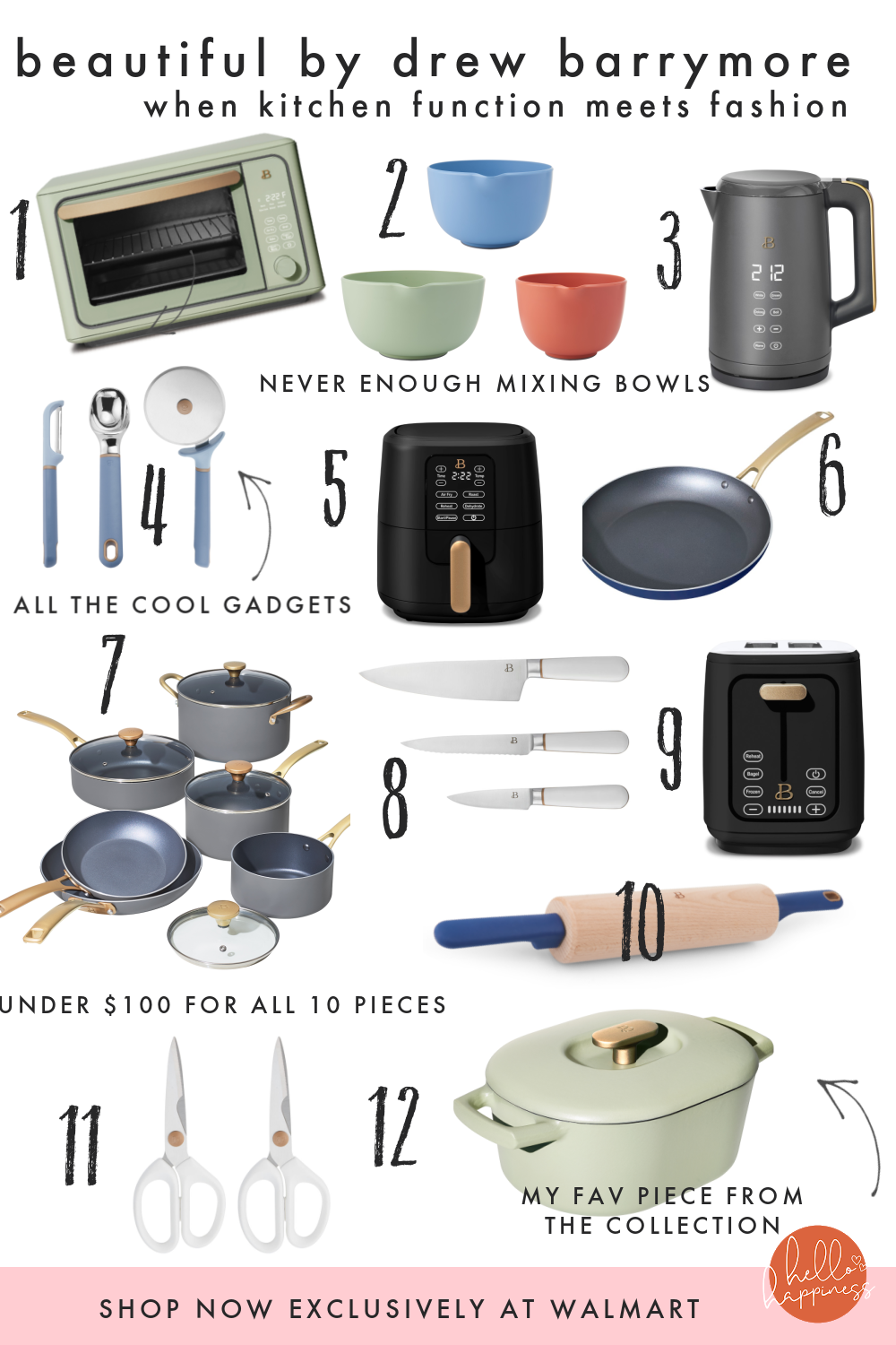 Beautiful by Drew Barrymore by popular Nashville life and style blog, Hello Happiness: collage image of Beautiful by Drew Barrymore pots, scissors, toaster, rolling pin, knives, toaster, bowls, and toaster oven. 