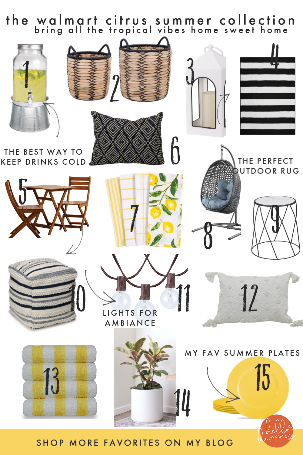 Walmart Summer by popular Nashville life and style blog, Hello Happiness: collage image of a Walmart mason jar dispenser, round basket set, white candle lantern, striped outdoor rug, outdoor bistro set, woven toss pillow, yellow dish towel set, wicker hanging chair, faux marble plant stand, outdoor pouf pillow, outdoor globe lights, ivory toss pillow, yellow striped towels, white ceramic planter, and lemon melamine plant set. 