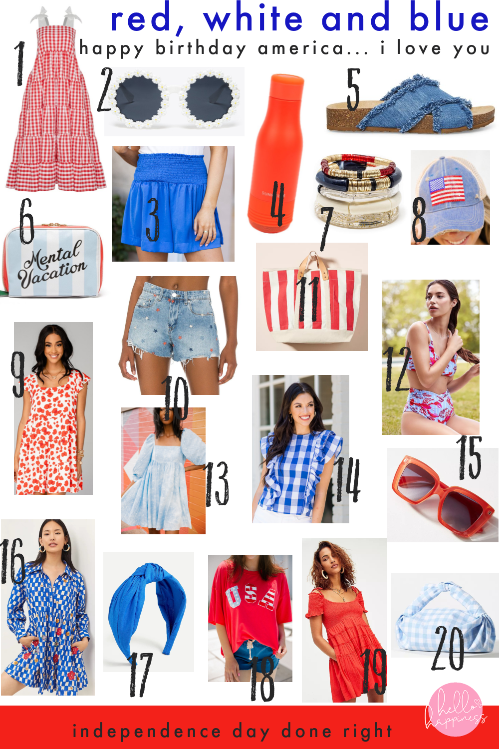 4th of July Outfits by popular Nashville fashion blog, Hello Happiness: collage image of a red and white gingham maxi dress, daisy frame sunglasses, denim cross strap slide sandals, mental vacation travel bag, red and white stripe tote bag, red, white and blue stack bracelets, red and blue lobster print two piece swimsuit, red frame sunglasses, blue and white gingham shirt, blue and white tie dye baby doll dress, blue smock waist shorts, red water bottle, red and white cow print dress, blue knotted headband, red USA t-shirt, light blue and white gingham handbag, blue and white gingham and floral print dress, and red smock top off the shoulder dress. 
