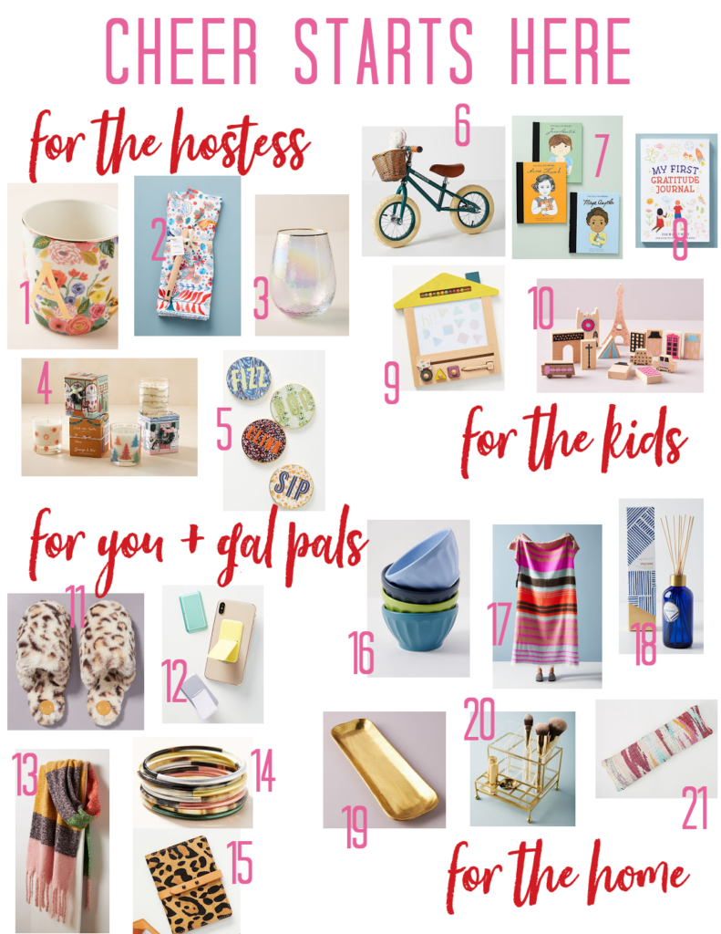 Anthropologie Sale by popular Nashville life and style blog, Hello Happiness: collage image of a Anthropologie books, balnkets, latte bowls, leopard print slippers, jewelry, throw pillows, stemless wine glasses, coasters, make up brush holder, dish towel, and Liberty kids bike. 
