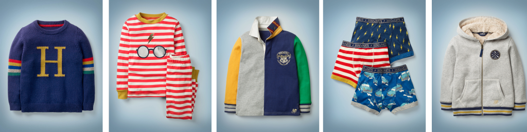 The Magical World of the Mini Boden Harry Potter Collection by popular Nashville fashion blog, Hello Happiness: image of Mini Boden Harry Potter Knitted Sweater, Harry Potter Long John Pajamas, Hogwarts Rugby Shirt, 3 Pack Harry Potter Boxers, and Seeker Zip-Up Hoodie.