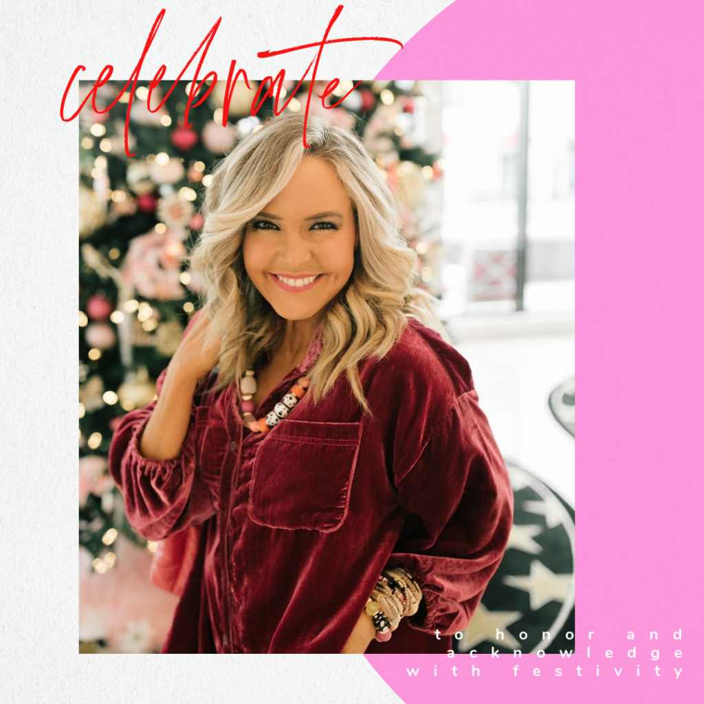 Word of the Year by popular Nashville lifestyle blog, Hello Happiness: image of Natasha Stoneking wearing a red velvet dress adn standing in front of a Christmas tree. 