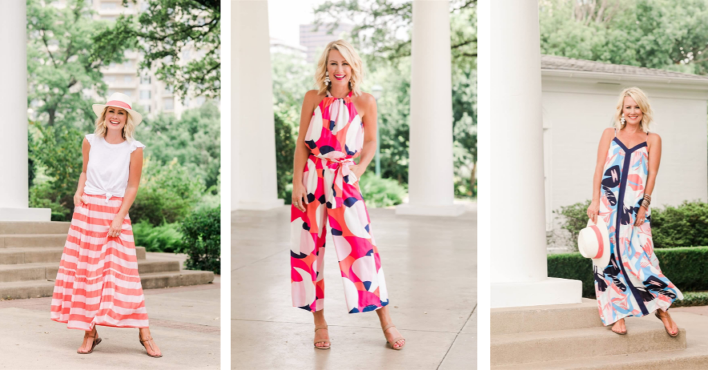 Gibson x Hi Sugarplum by popular Nashville fashion blog, Hello Happiness: image of a woman wearing a gibson x Hi Sugarplum Colorblock Maxi Skirt, Beachcomber Wide Leg Halter Jumpsuit, and Strappy Maxi Dress.
