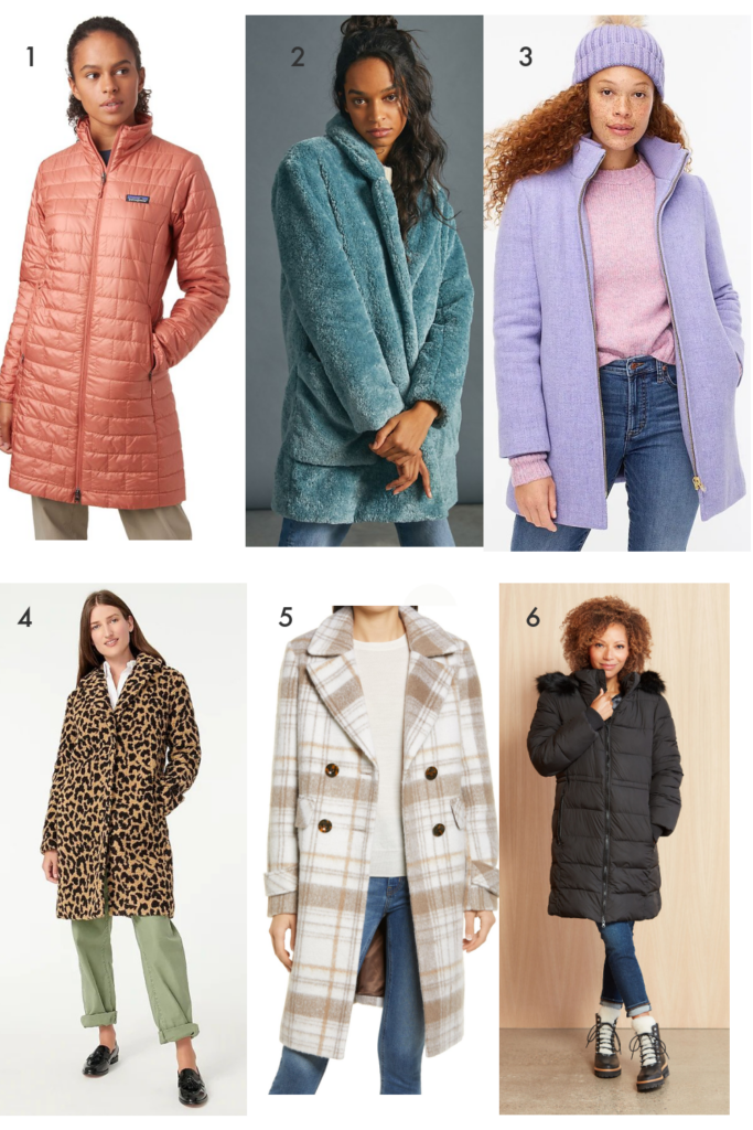 Women's Winter Coats by popular Nashville fashion blog, Hello Happiness: collage image of a Nano Puff Parka, Faux Fur Coat, Lodge Coat in Wool, Teddy Sherpa Coat in Leopard, Double Breasted Tweed Coat, and Kepler Coat.