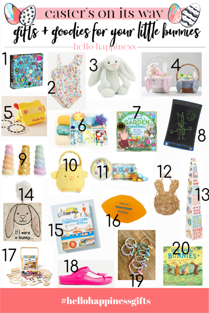 Easter Basket Gift Ideas by popular Nashville lifestyle blog, Hello Happiness: collage image of a flair puzzle, ruffle floral swimsuit, bashful bunny jellycat animal, wicker Easter basket with gingham liner, view finder toy set, weather sensory box kit, gathering a garden board game, drawing boogie board, sidewalk chalk set, chick easter basket, happy easter candy can, woven straw bunny bag, nesting blocks, If I were a bunny board book, the ultimate construction site book, nightball football, paint a picnic craft kit, waterproof eva sandals, personalized easter basket, hop little bunnies book. 