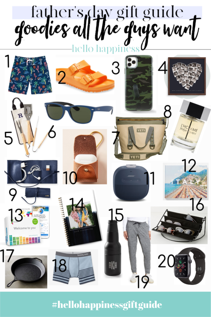 Father's Day Gift Guide by popular Nashville life and style blog, Hello Happiness: collage image of Chubbies Neon Light Swim Trunks, Birkenstock waterproof slides, Camo Loopy Case, Minted Photo Art,  BBQ Tool Set, Design your own Ray-Ban sunglasses, Yeti Hopper Cooler Bag, L'Homme Eau de Toilette, Leather Charger Roll Up, Leather air pods case,  Bose Soundlink Bluetooth Speaker, Gray Malin Italy coffee table book, 23 and Me Ancestry Kit, High Contrast personalized journal, Insulated Beer Holder, Hammock sunglasses organizer, Cast Iron Frying Pan, Cool cotton trunk, Zella Pyrite Slim Fit Joggers, and Apple watch. 