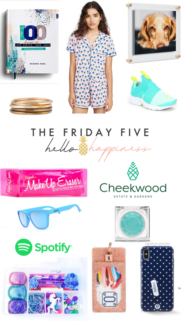 The Friday Five... Favorite Things Edition by popular Nashville life and style blog, Hello Happiness: collage image of Loopy Cases, Makeup Eraser, Spotify, and Cheekwood products