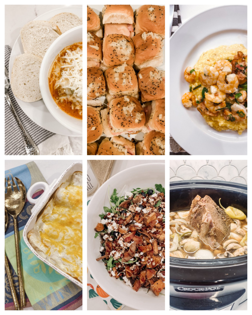 Walmart Membership by popular Nashville lifestyle blog, Hello Happiness: collage image of sliders, soup, shrimp and grits, chicken enchiladas, and crockpot pot roast. 