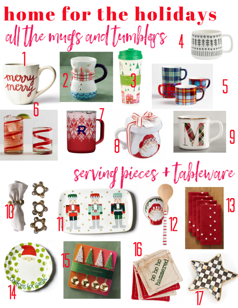 Holiday Gift Ideas by popular Nashville life and style blog, Hello Happiness: collage image of holiday mugs, holiday tumblers, jingle bells napkin rings, red and white cloth napkins, Christmas tree spoons, and Melamine platters. 