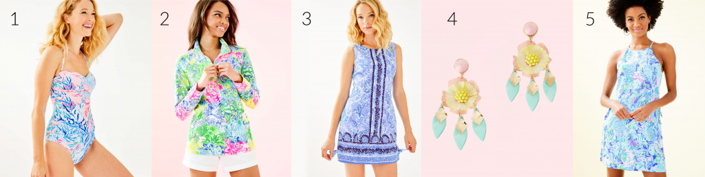 The Lilly Pulitzer After Party Sale is LIVE! by popular Nashville fashion blog, Hello Happiness: collage image of Lilly Pulitzer Flamenco Swimsuit, UPF 50+ Skipper Popover, Mila Stretch Shift Dress, Garden Gem Earrings, and Pearl Romper.