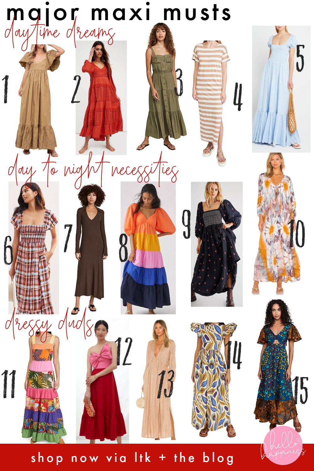 Maxi Dress by popular Nashville fashion blog, Hello Happiness: collage image of various maxi dresses. 