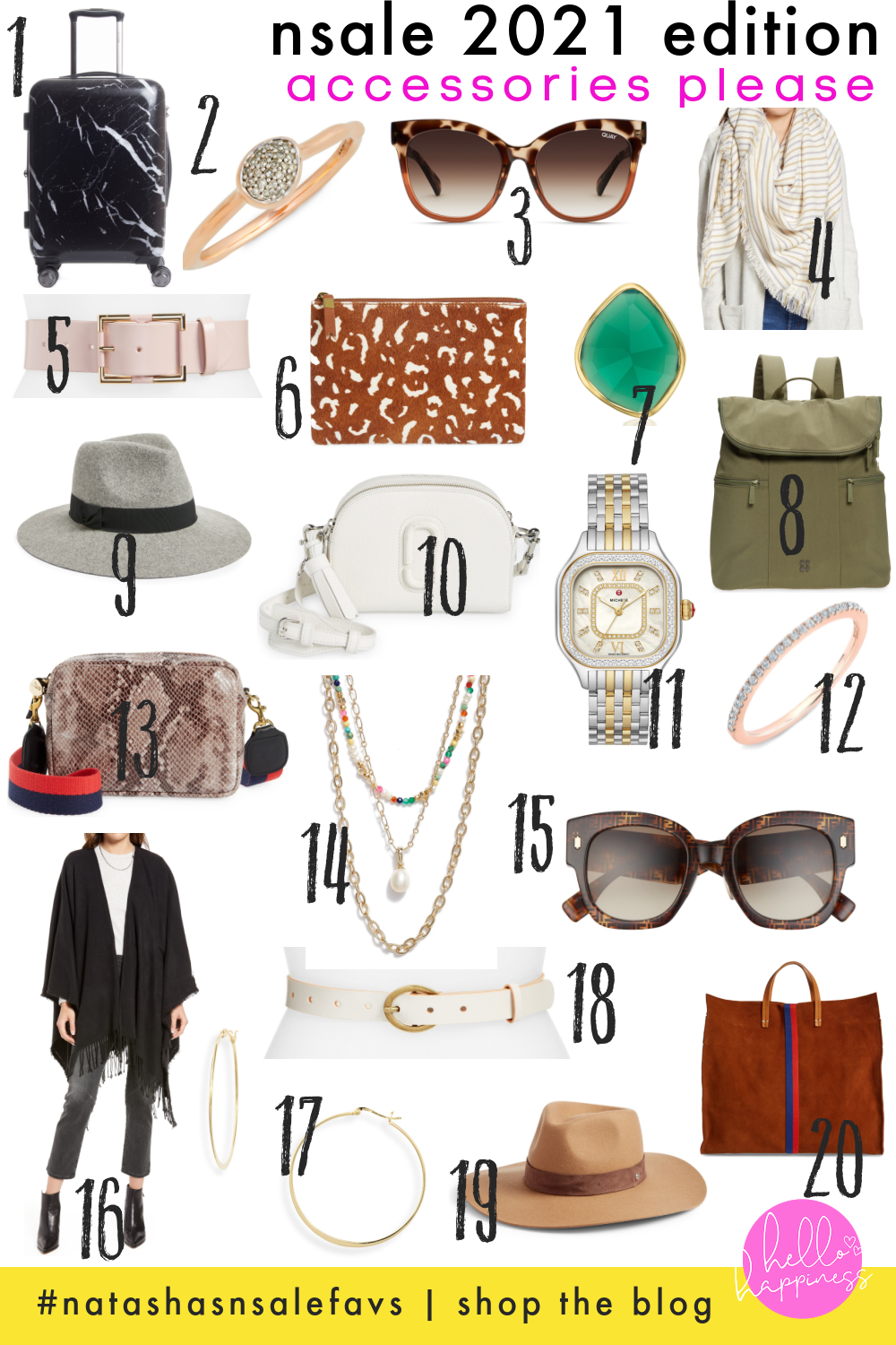 Nordstrom Anniversary Sale by popular Nashville fashion blog, Hello Happiness: collage image of wool fedora hat, snake skin cross body bag, layer necklace, watch, black fringe kimono, gold hoop earrings, white crossbody purse, green stone cocktail ring, pink waist belt, white waist belt, tortoise shell sunglasses, black and white marble design rolling suit case, tan and white stripe oversize scarf, and olive green backpack. 