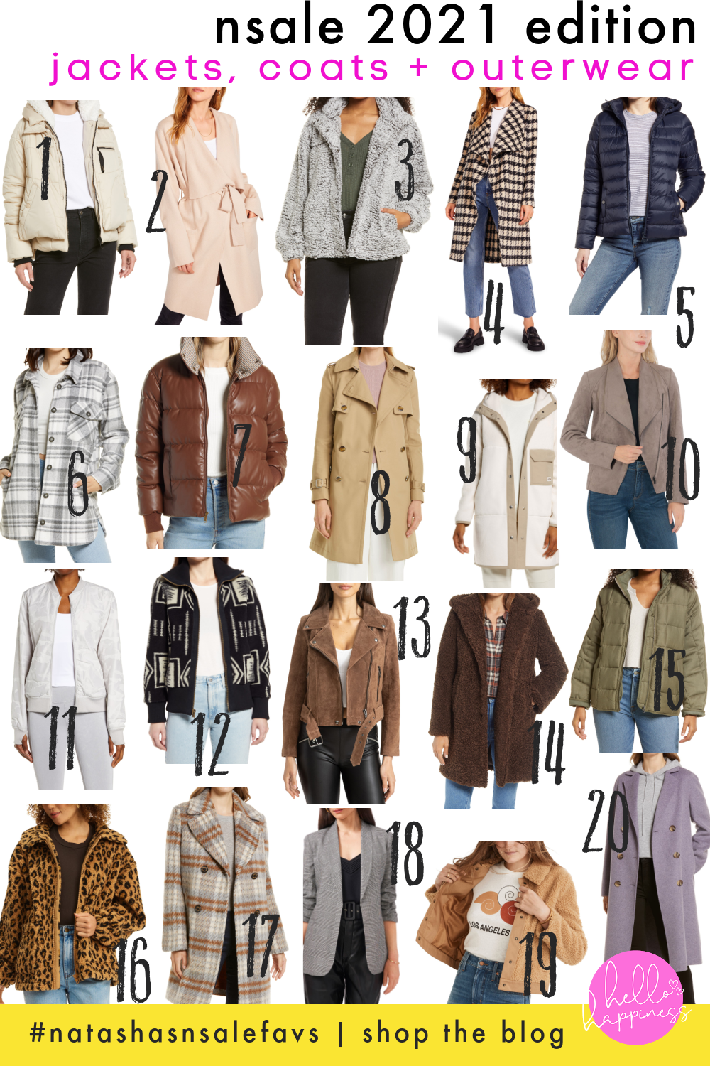 Nordstrom Anniversary Sale by popular Nashville fashion blog, Hello Happiness: collage image of plaid jackets, puffer jackets, fleece jackets, suede jackets, trench coats, leopard print jacket, blazer, and double breasted wool coat. 