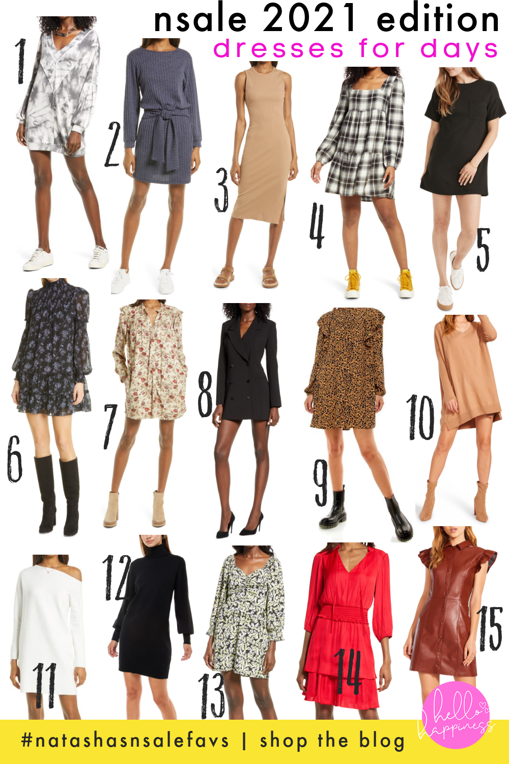 Nordstrom Anniversary Sale by popular Nashville fashion blog, Hello Happiness: collage image of a black and white tie dye dress, black and white plaid baby doll dress, black t-shirt dress, leopard print dress, sweater dress, off the shoulder white dress, black turtle neck dress, faux leather dress, tie waist dress, sleeveless knit body con dress, floral print puff sleeve dress, and black blazer dress.  