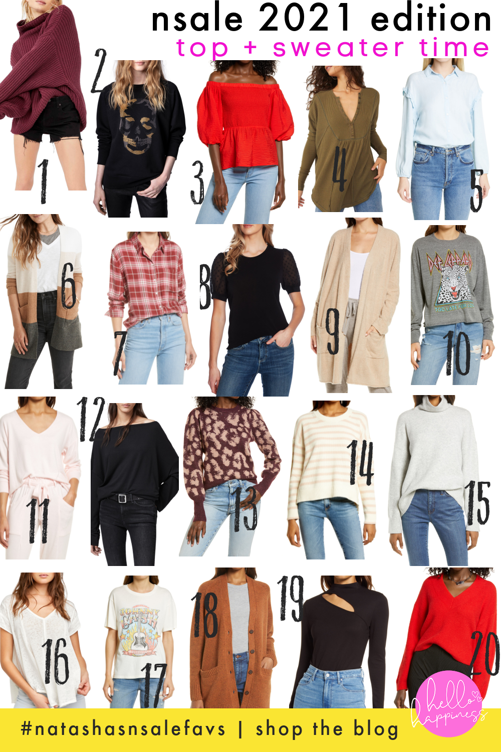 Nordstrom Anniversary Sale by popular Nashville fashion blog, Hello Happiness: collage image of long sleeve kit sweaters, fleece tops, long sleeve tops, v-neck tees, crop sweater, button front cardigan, button up chambray shirt, and puff sleeve top.