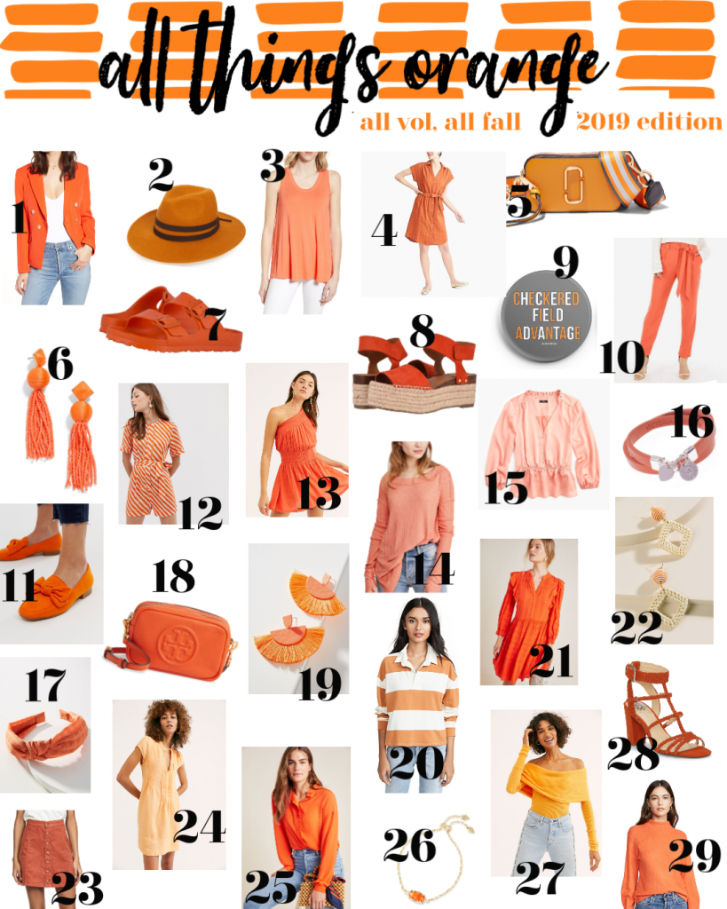The Perfect Game Day Outfit...All the Orange for VOL Football by popular Nashville blog, Hello Happiness: collage image of various orange clothing items and accessories. 
