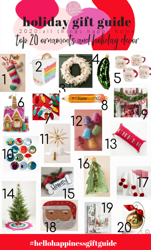 Holiday Gift Ideas by popular Nashville life and style blog, Hello Happiness: collage image of Santa mugs, Christmas tree ornaments, rainbow stripe stocking, white feather Christmas wreath, Oh What Fun banner, Cheer pillow, red pom pom blanket, pink white and green stripe Christmas tree skirt, Santa advent calendar, and felt Christmas lights garland. 