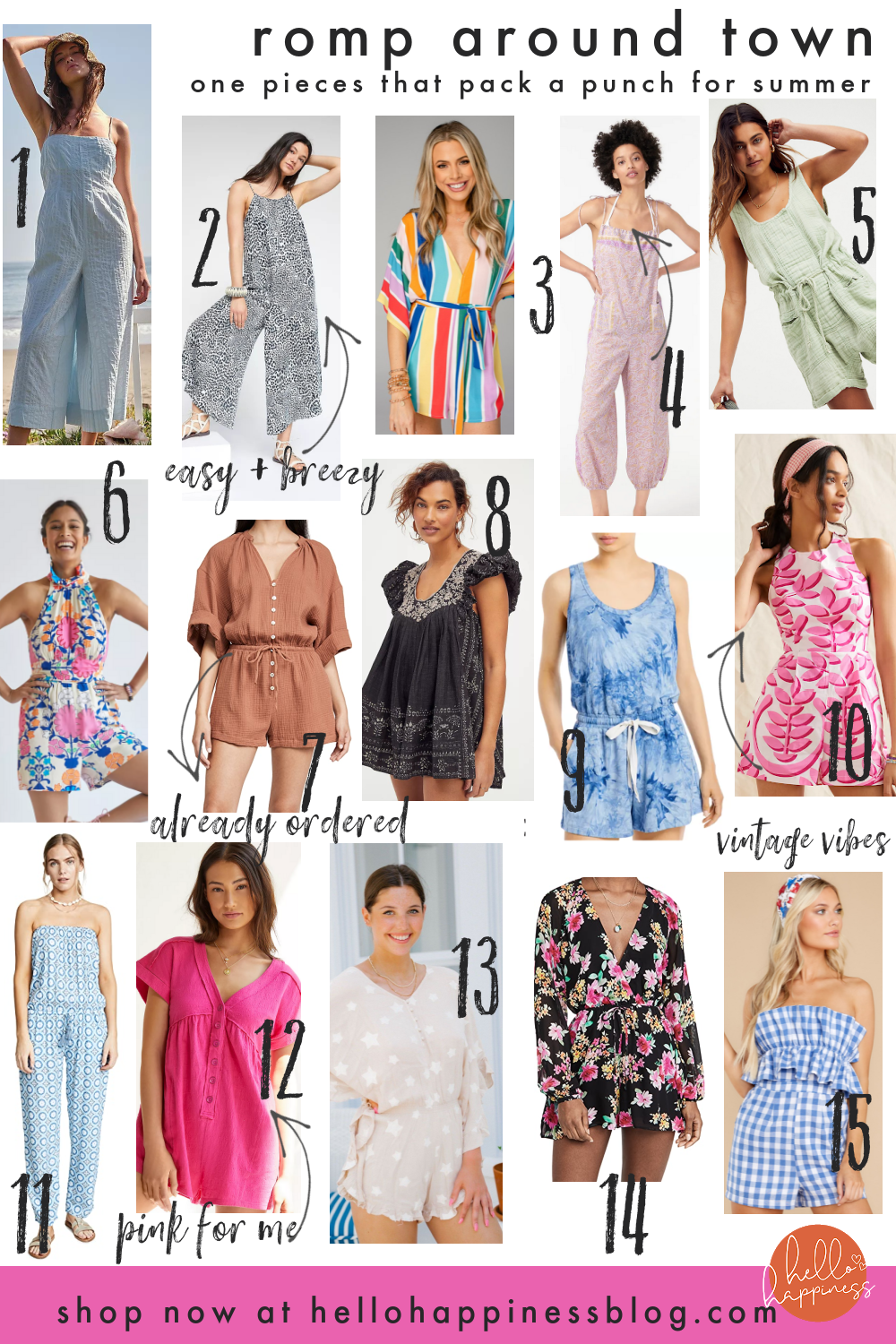 Rompers and Jumpers by popular Nashville fashion blog, Hello Happiness: collage image of a Devon white jumpsuit, breezy wide leg jumpsuit, fiesta romper, cotton voile jumpsuit, laguna shortall, ruffled floral rompers, zephyr gauze romper, cutie pie romper, aqua tie dye romper, pleated cut-out romper, Jenny jumpsuit, Daily practice lounge romper, star gazer romper, Naomi romper, and gingham romper. 