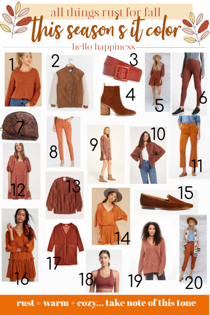Rust Color by popular Nashville fashion blog, Hello Happiness: collage image of rust colored bags, shoes, belts, jackets, sweaters, rompers, pants, and dresses. 
