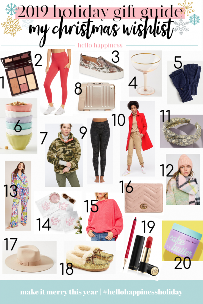 2019 holiday gift guide | Best Gifts for Her by popular Nashville life and style blog, Hello Happiness: collage image of a Glow Palette, Live In High Waist Leggings, Baylee Sneakers in Blush Snake Print, Harlow Coupe Glasses, Knit Glittens, Mini Latte Bowls, Camo Sherpa Fleece Jacket, Vanity Case, Faux Leather Camo Leggings, Classic Lady Day Coat, Metallic Leopard Knot Headband, Delaney Plaid Scarf, Cheetah Flannel Sleep Pants, Rose All Day Linen Cocktail Napkins, Easy Street Tunic Sweater, Marmont Card Wallet in Rose Pink, Flat Rim Fedora Hat, Gold Moccasin House Shoes, Lancome Lip Duo and Cake Whipped Body Butter