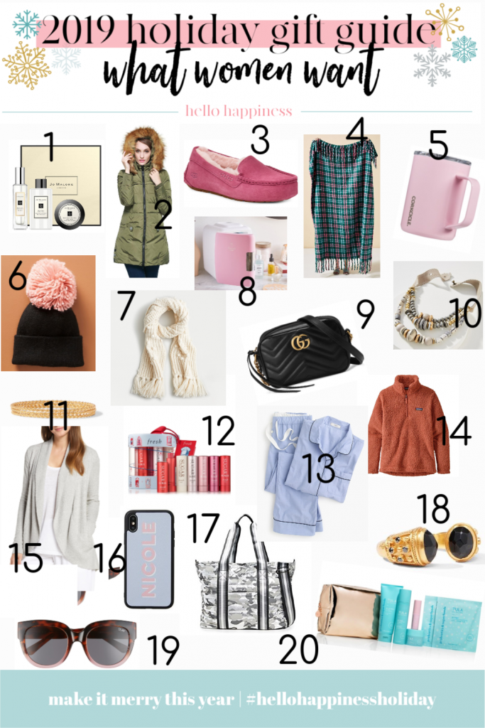 2019 holiday gift guide | Best Gifts for Her by popular Nashville life and style blog, Hello Happiness: collage image of a Jo Malone Wood Sage and Sea Salt Set, Orolay Thickened Puffer Jacket, Ansley House Slipper, Tartan Plaid Throw Blanket, Corkcicle Coffee Mug, Mix and Match Beanie and Pom Poms Topper, Chunky Knit Bobble Scarf, Mini Beauty Refrigerator, Gucci Leather Crossbody, Classic Layered Necklace, Cascade Trio Bangle, Sealed with Sugar Lip Kit, Vintage Pajama Set, Patagonia Los Gatos Fleece, Barefoot Dreams Cardigan, Light Violet iPhone Case, Camo Wingman Tote, Julie Vos Paris Ring,  Limelight Oversize Sunglasses and Glow 7-Piece Skin Kit