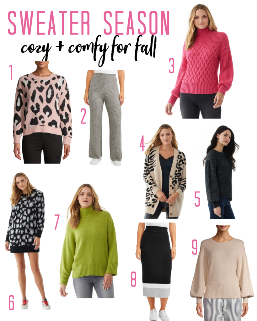 Fall Wardrobe by popular Nashville fashion blog, Hello Happiness: collage image of a Walmart Leopard Print Sweater, Cozy Knit Pant, Cable Knit Turtleneck Sweater, Oversized Animal Print Sweater, Balloon Sleeve Pullover, Leopard Print Sweater Dress, Slouchy Turtleneck, Sweater Skirt, and Cropped Balloon Sleeve Sweater.