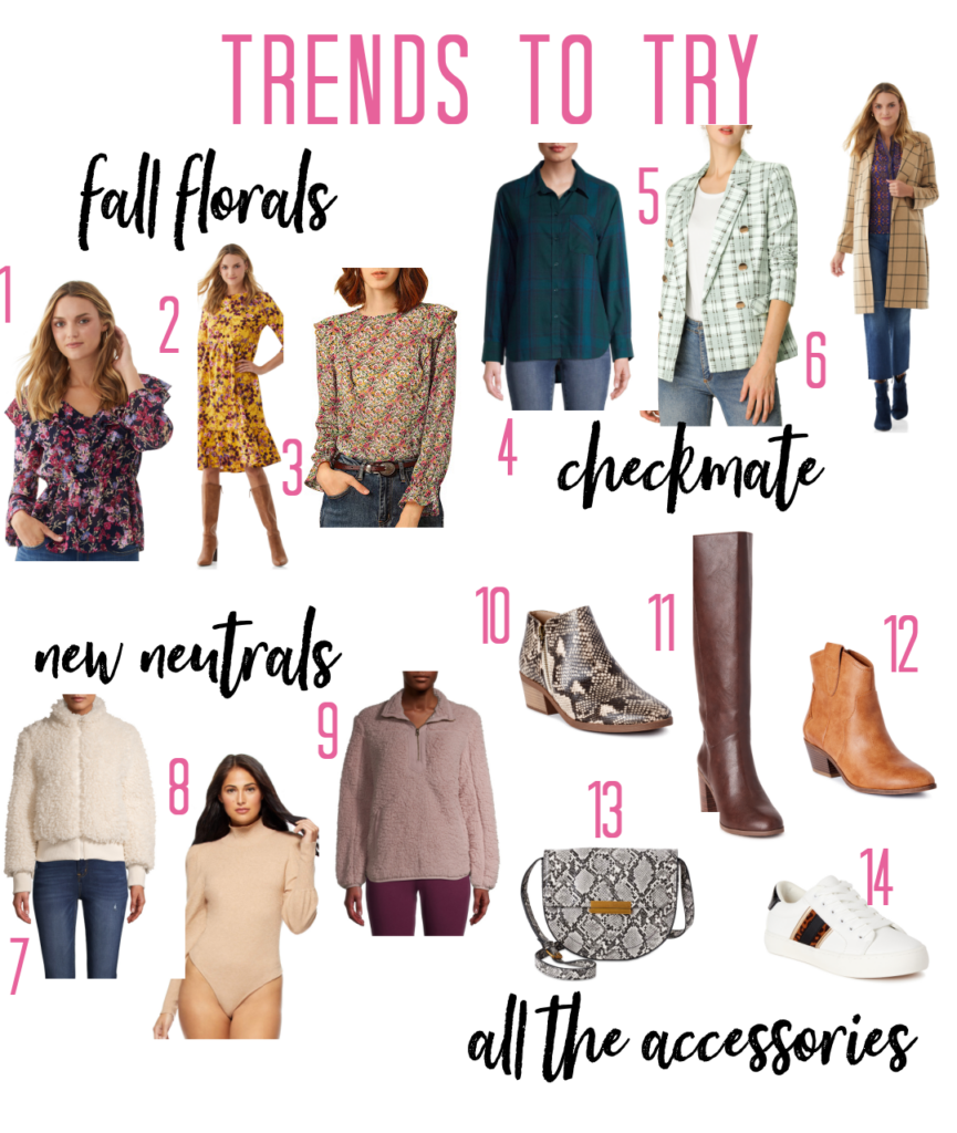 Fall Wardrobe by popular Nashville fashion blog, Hello Happiness: collage image of a Walmart Pink Wildflower Blouse, Tiered Maxi, Ruffle Blouse, Plaid Shirt, Double Breasted Blazer, Long Knit Coat, Sherpa Bomber, Sweater Bodysuit, Sherpa Pullover, Snakeskin Bootie, Knee High Boot, Western Bootie, Snake Crossbody Bag, and leopard Sneaker. 