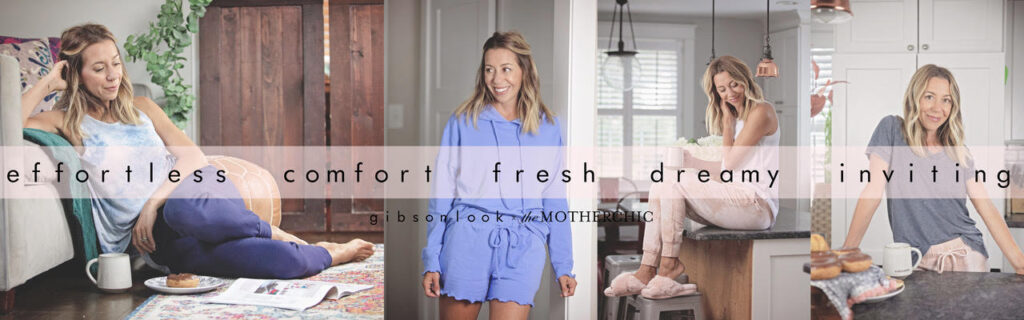 Gibson Clothing by popular Nashville fashion blog, Hello Happiness: Pinterest image of a woman wearing various Gibson Look x The Motherchic clothing items. 