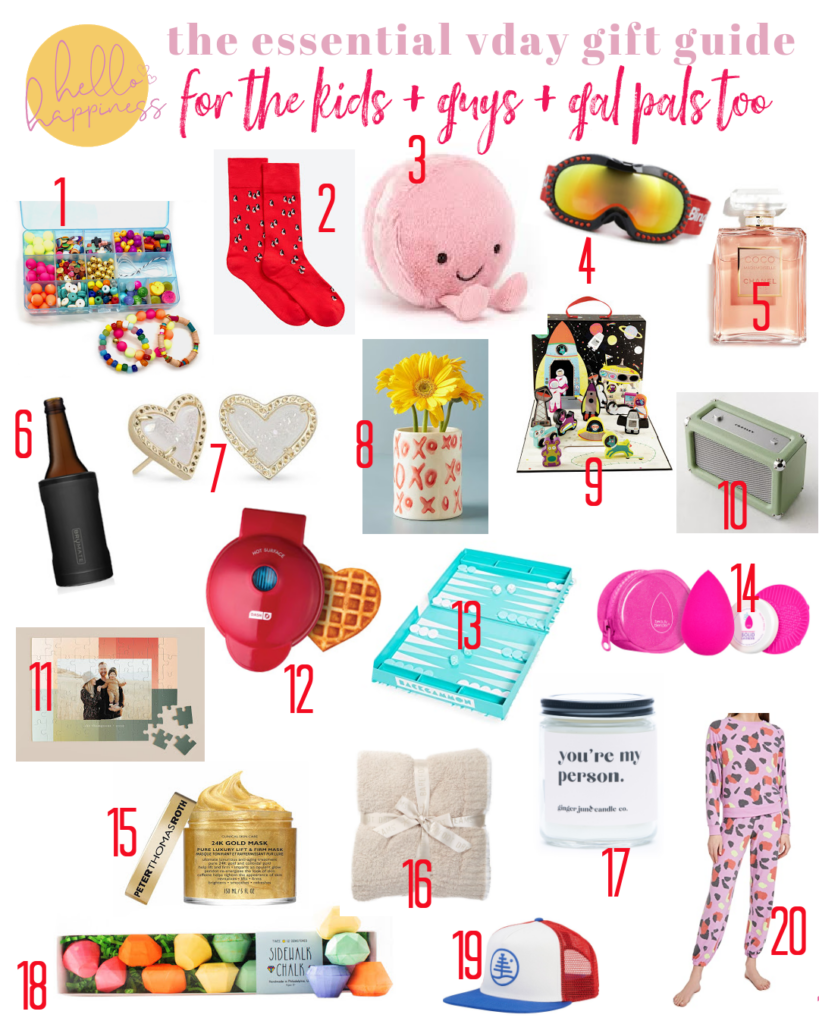 Valentine's Day Gifts by popular Nashville life and style blog, Hello Happiness: collage image of a bead kit, red socks, perfume, bottle cozy, Kendra Scott heart earrings, mini heart waffle iron, beauty blender, XO flower vase, ski goggles, Space Playbox, I-90 trucker hat, backgammon board game, 24K gold face mask, Crosley bluetooth speaker, gradient background custom puzzle, Jelly Cat Macaron toy, and a fuzzy blanket. 