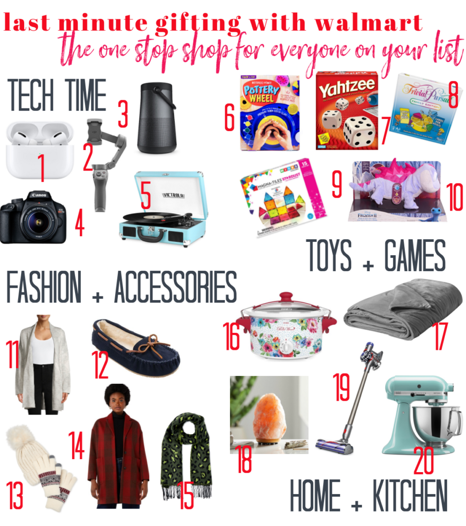 Last Minute Gift Ideas by popular Nashville life and style blog, Hello Happiness: collage image of airpods, record player, Canon camera, moccasin slippers, duster cardigan, plaid wool jacket, leopard print scarf, hat and glove set, Himalayan salt lamp, Dyson cordless vacuum, Kitchen Aid mixer, weighted blanket, Pioneer Woman crockpot, portable speaker, magna tiles, yahtzee, Pottery wheel, Trivial Pursuit and Frozen Two lizard toy. 