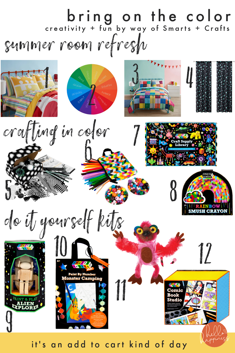 Smarts and Crafts by popular Nashville lifestyle blog, Hello Happiness: collage image of Smarts and Crafts multi color sheet set, decorative wall art, color block comforter set, magical sparkle window panels, black and white kit, Fuzzy sticks and wooden beads, rainbow smush crayon, craft supply library, make your own alien, Monster paint by numbers, monster craft kit, and comic book studio. 